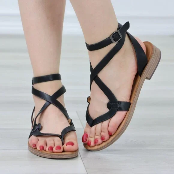 Black Strappy Trendy Comfy Flat Gladiator Comfort Sandal Slip On Sliders - Picture 14 of 15